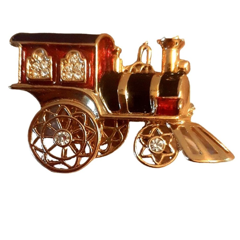 Smithsonian Enamel Crystal Train Engine Brooch Pin Gold Red